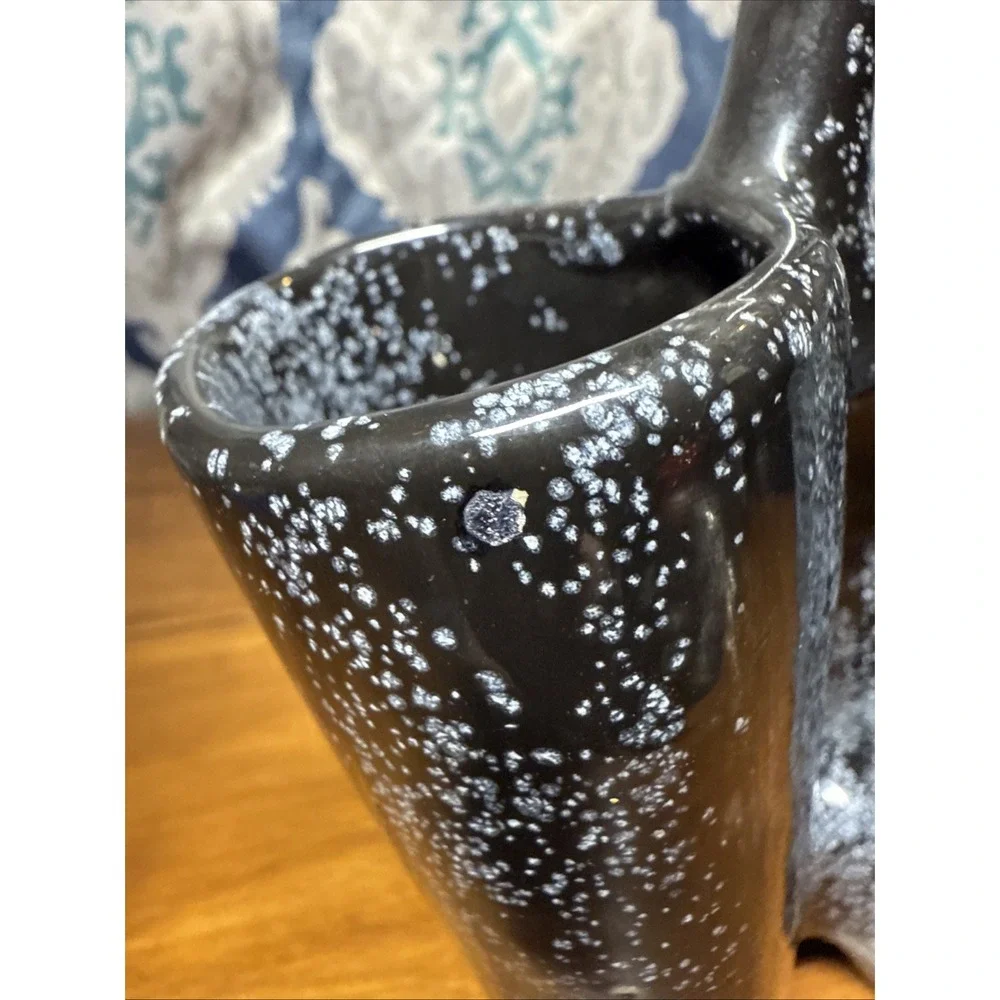 Vtg 1982 Handmade Ceramic Double Vase Signed  Speckled Black & White‎ Glaze